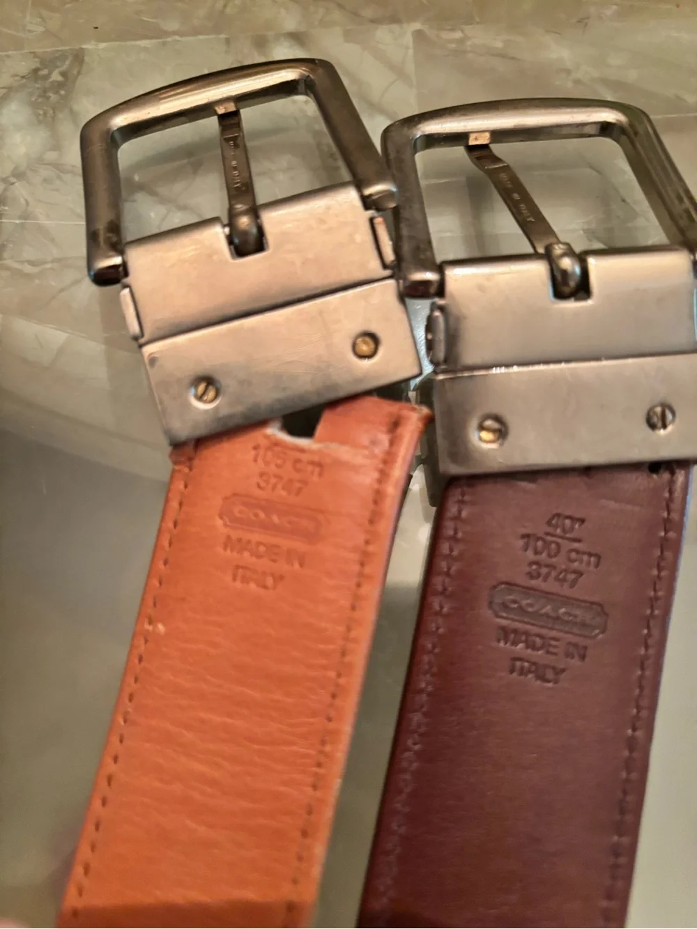 Coach Reversible Signature Canvas Belts in Brown and Navy Set of 2